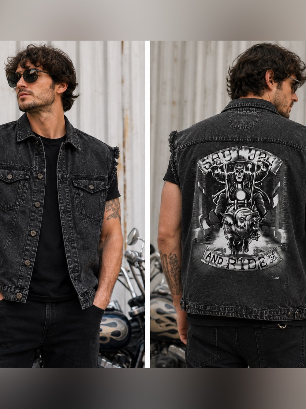 Vintage Style Skull Biker Denim Vest Cutoff Acid Wash Motorcycle Graphic L